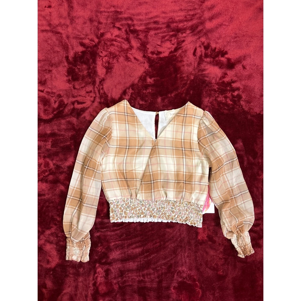 Btween Girls Tan Plaid Smocked Hem Long Sleeve Blouse Top Size 8 NWT